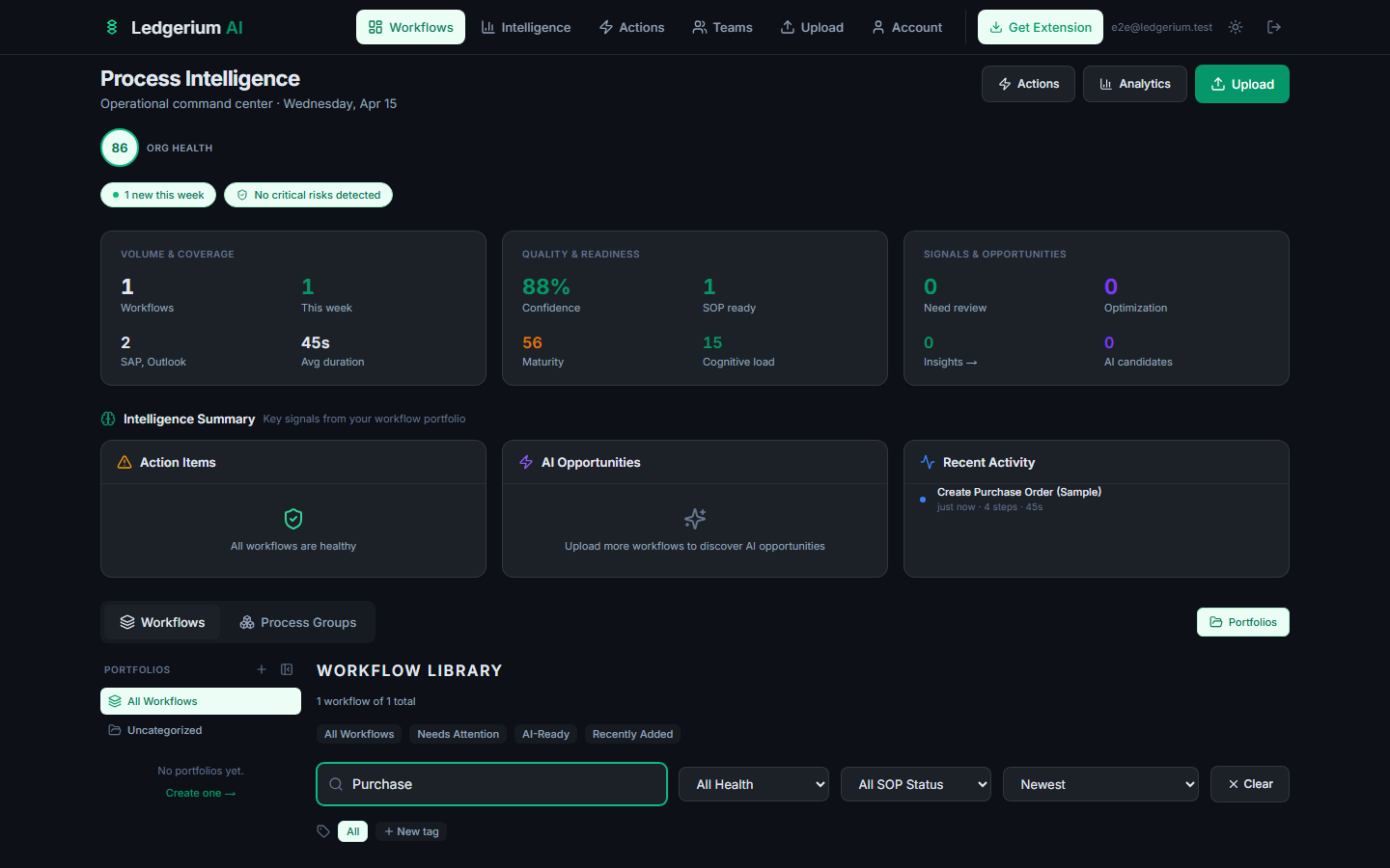 Dashboard with the search bar active, showing 'Purchase' typed into the search field with filtered results below.