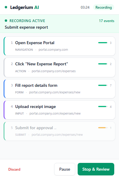 Extension recording active screen showing steps captured in real-time