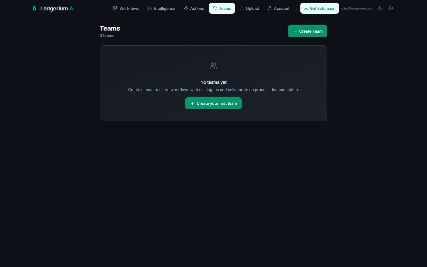 Teams page showing the empty state with a 'Create your first team' button.
