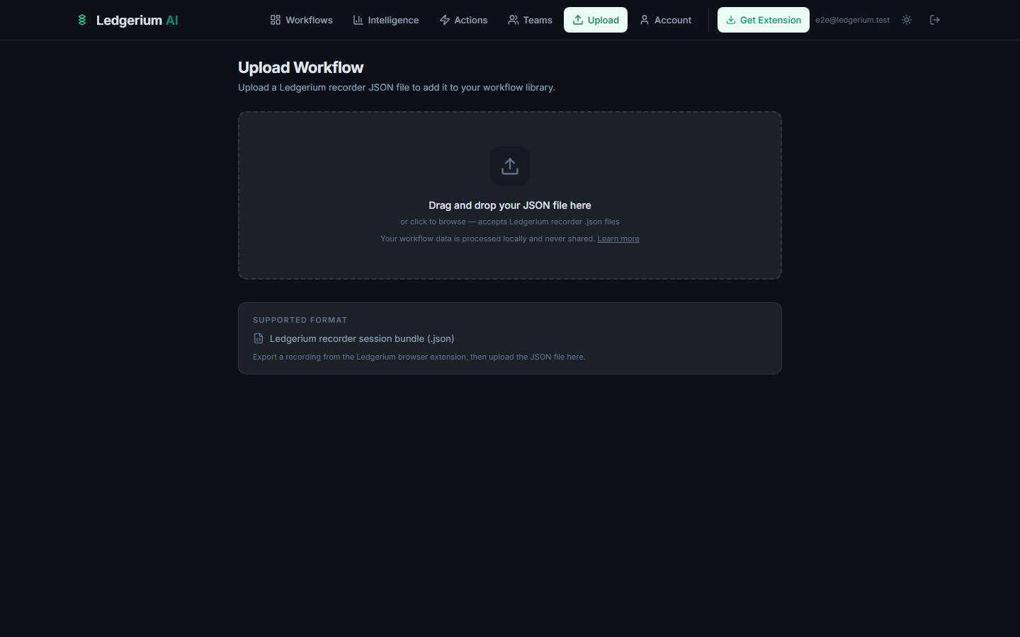 Upload Workflow page with drag-and-drop area and supported format information.