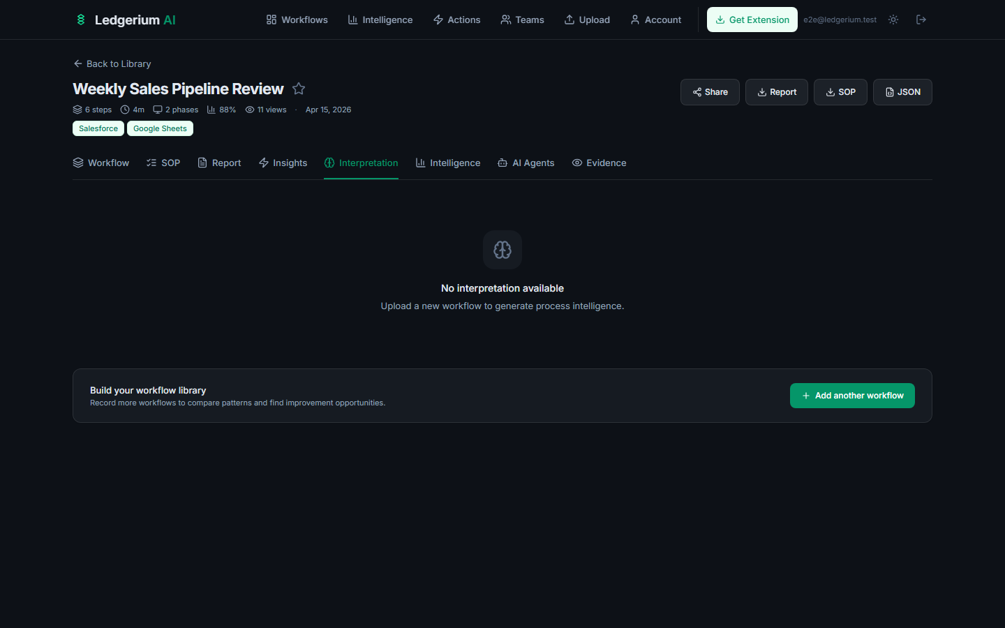 Interpretation tab with a prompt to upload a workflow to generate process intelligence.