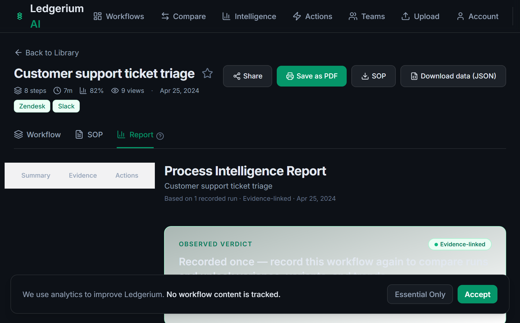 Workflow intelligence report generated from a recorded workflow, showing step timing and process health